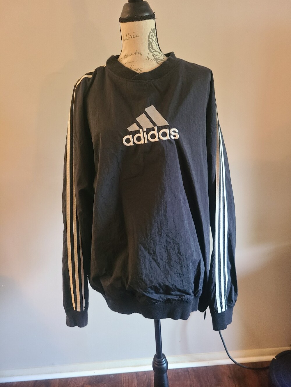 Adidas Black Crewneck Nylon Shell Windbreaker 90's. XL